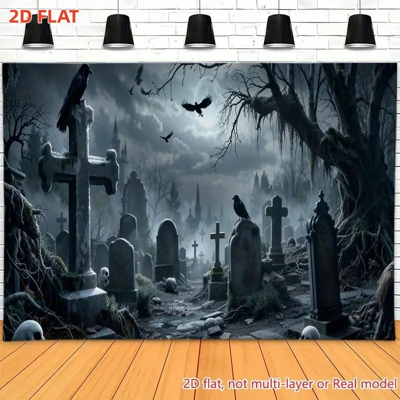 2D Flat, 1pc banner Printing Party Banners Cemetery Crosses Crows Scene Backdrop Banner Backdrop Studio Wall Decoration for Live Streaming Background, Party Decoration, Birthday Anniversary and Room, Garden, Yard Decoration Easy t