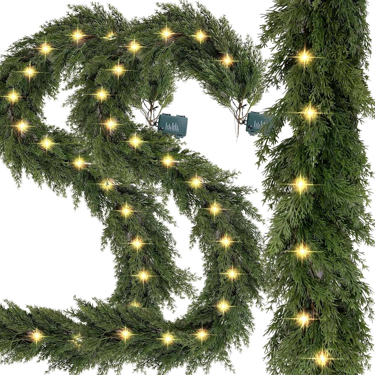 6.2 FT Prelit Christmas Cedar Garland 2 count, Realistic Artificial Pine  Faux Cypress Greenery with 20 Lights for Christmas Table Mantle Wall Room Outdoor Indoor Winter Decoration