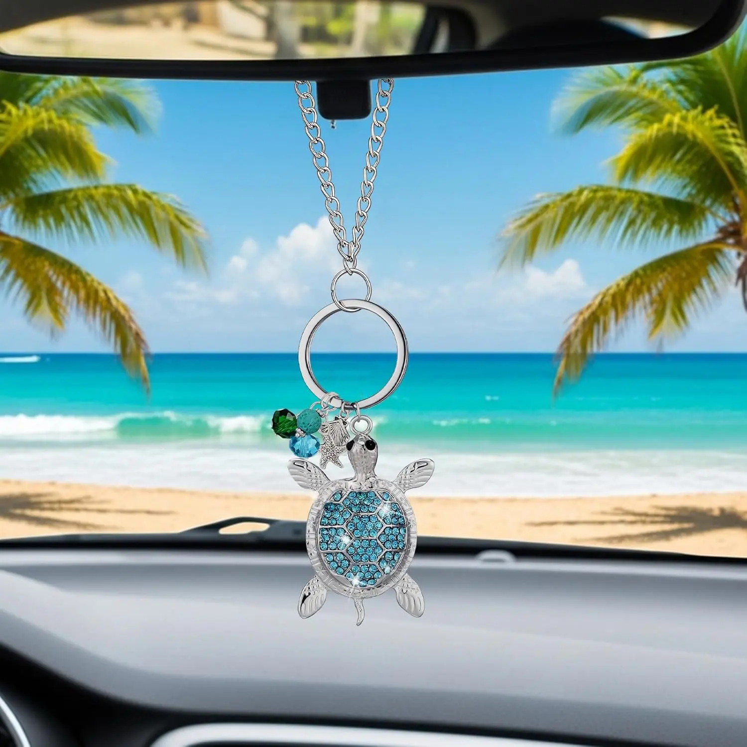 Misdary 1 Pcs Sea Turtle Rear View Mirror Accessories Sea Turtle Gifts Silver 3D Sparkling Charm Rhinestones Bling Coastal Ornaments for Mirror Hanging Car Interior Decor Birthday Gifts for Women Men