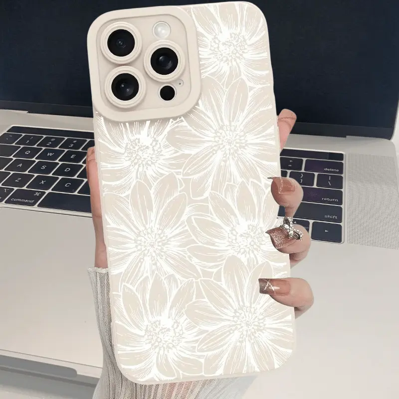 White Line Art Daisy Floral Print Phone Case For iPhone 17 16 15 14 13 12 11 Pro Max Plus 16E 17E Soft Silicone TPU Minimal Neutral Aesthetic Cover