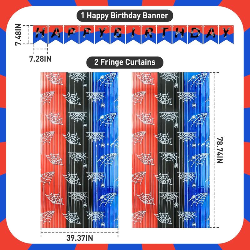 Spider Web Birthday Decorations 3 Pack - Spider Party Supplies 3.3x6.6ft with Pre-Strung Banner - Tinsel Foil Fringe Curtain Backdrop, Spidey Birthday Decorations with Red Blue Black Streamers for Boy