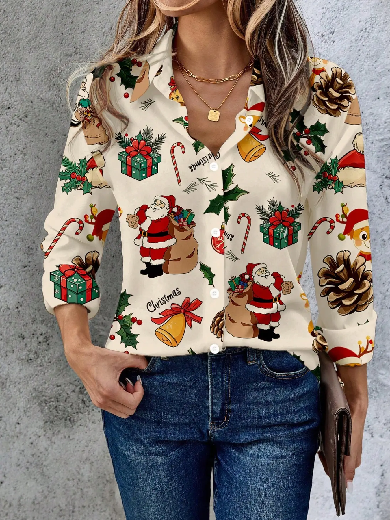New Women's Base Casual Cartoon Santa Claus Full Print Button Blouse, Christmas Gift Box Bell Pinecone Holly Turn-Down Collar Long Sleeve Top Shirt