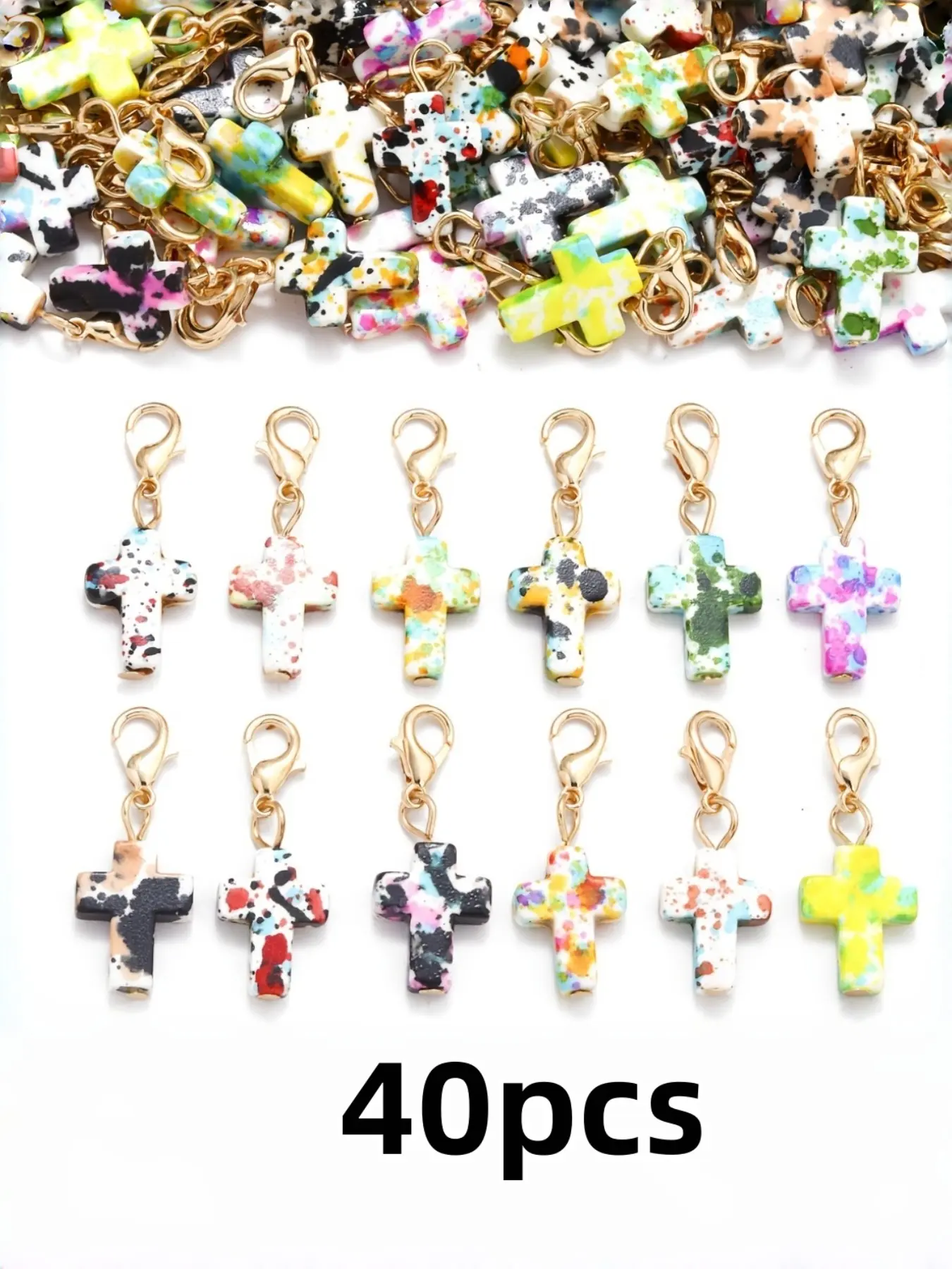 40pcs Cross Lobster Buckle Pendant, Cross Charms For Jewelry Making, Colorful Resin Cross DIY Accessory, Detachable Lobster Buckle Pendant, Bracelet Key Pendant, Ins Style Mixed Decoration Accessory Wholesale 40 Piece Set