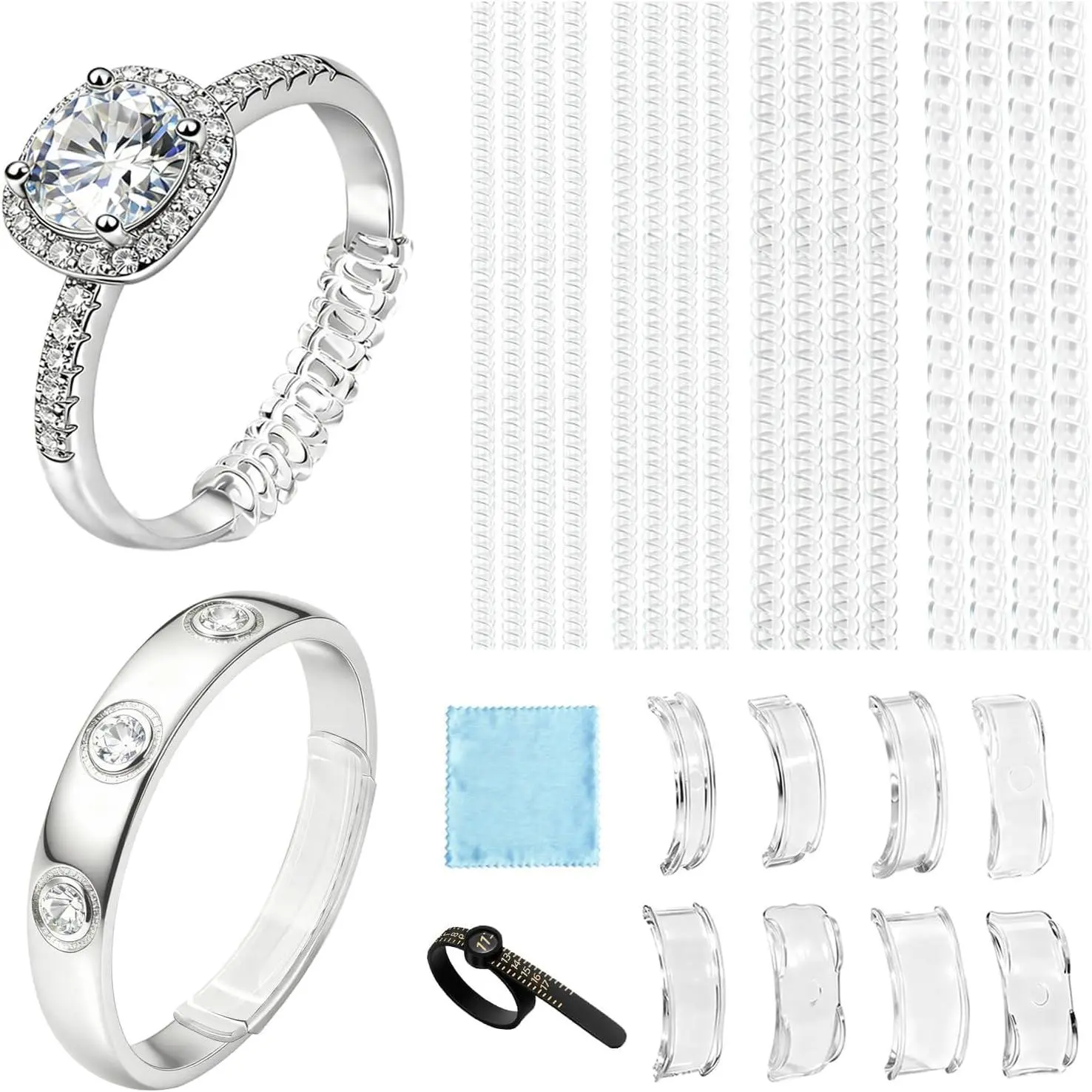 Ring Sizers for Loose Rings, Invisible  Ring Size Adjuster Kit for  Ring Widths | Spiral Tighteners & Clip  Reducer Strips, Ring Measuring Tool & Polishing Cloth for Wedding Band Engagement Rings