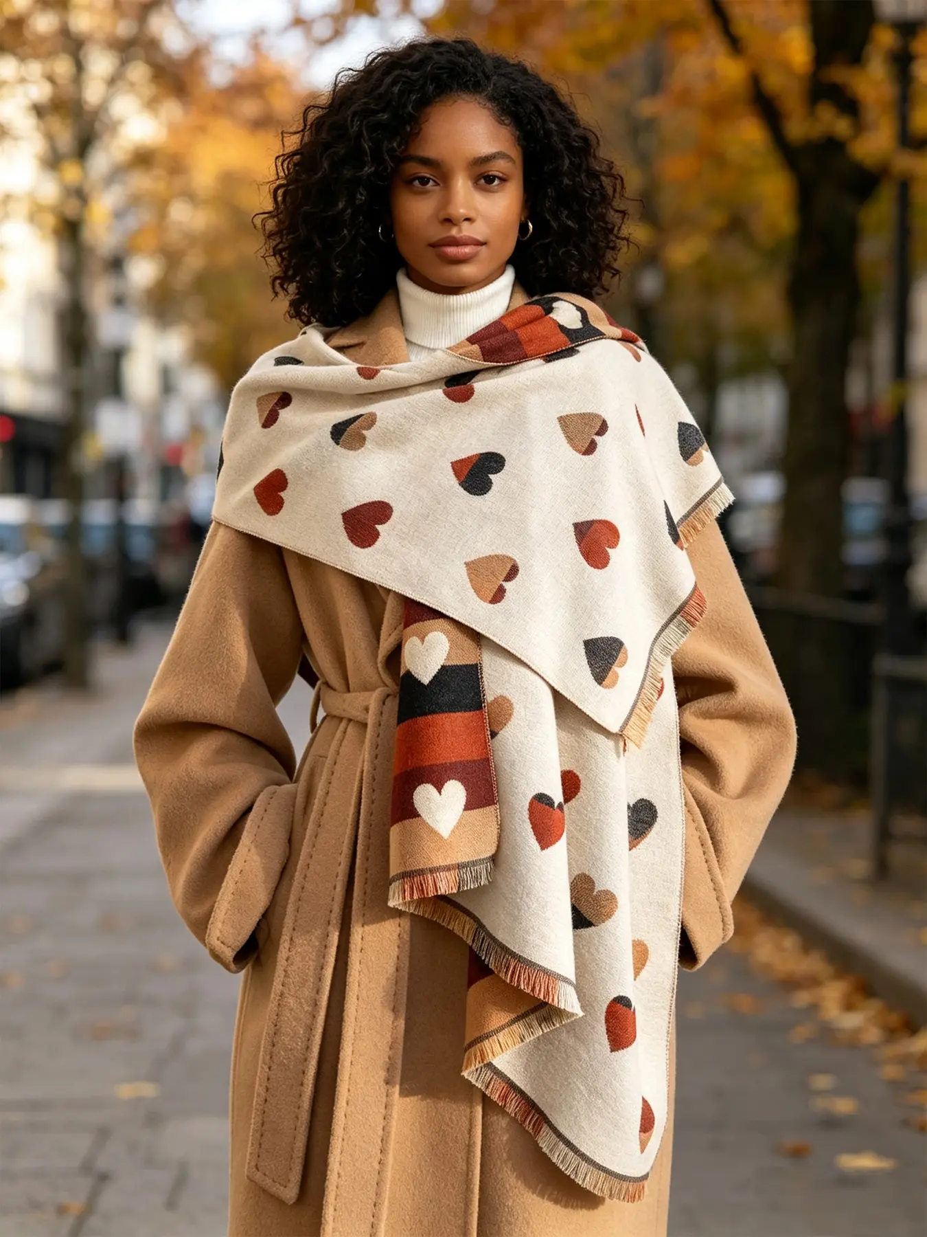 Soft Cashmere Feel Reversible Blanket Scarf, Cream Base Earth Tone Heart Print Shawl, Warm Winter Scarf, Christmas Gift for Women