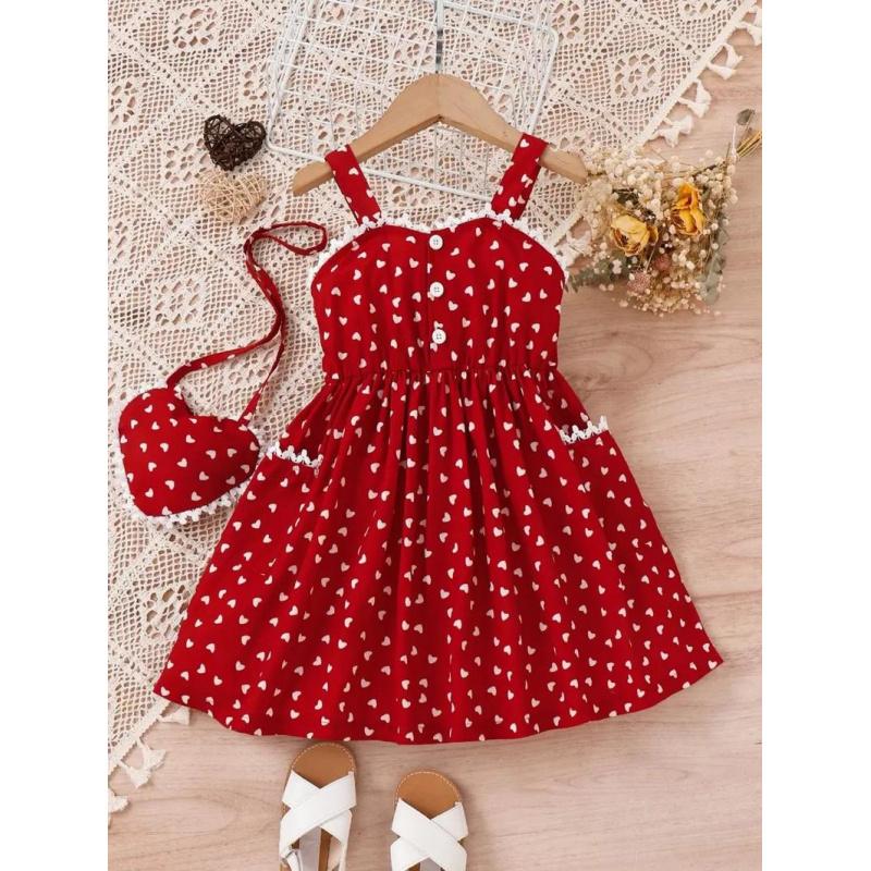 Young Girl Allover Heart Print Lace Trim Cami Dress With