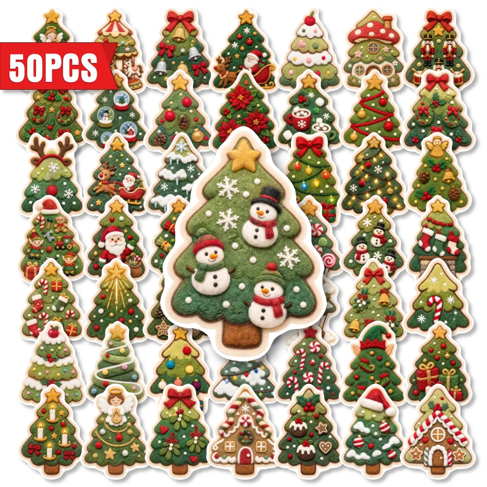 50Pcs Vintage Fabric Style Christmas Tree Decor Stickers, Planner Accessories Office Products Waterproof Decals for Notebook Journal Xmas DIY Supplies, Stickers For Journaling