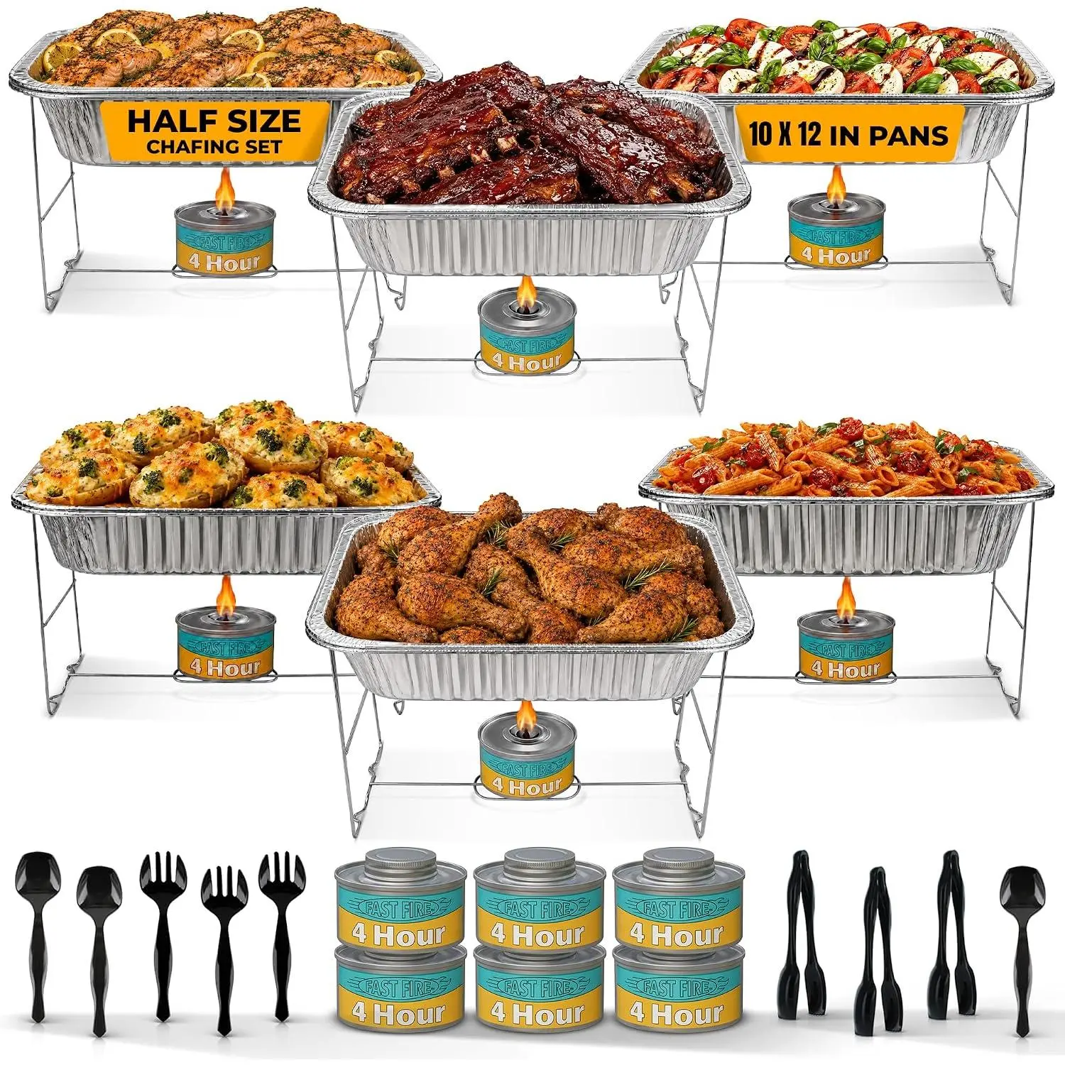 Disposable Chafing Dish Buffet Set, 6 Pack Half Size 10 x 12 Inch  Pans | Complete buffet kit with foldable wire racks, 4-hour  cans,   and water pans, plus serving utensils included.