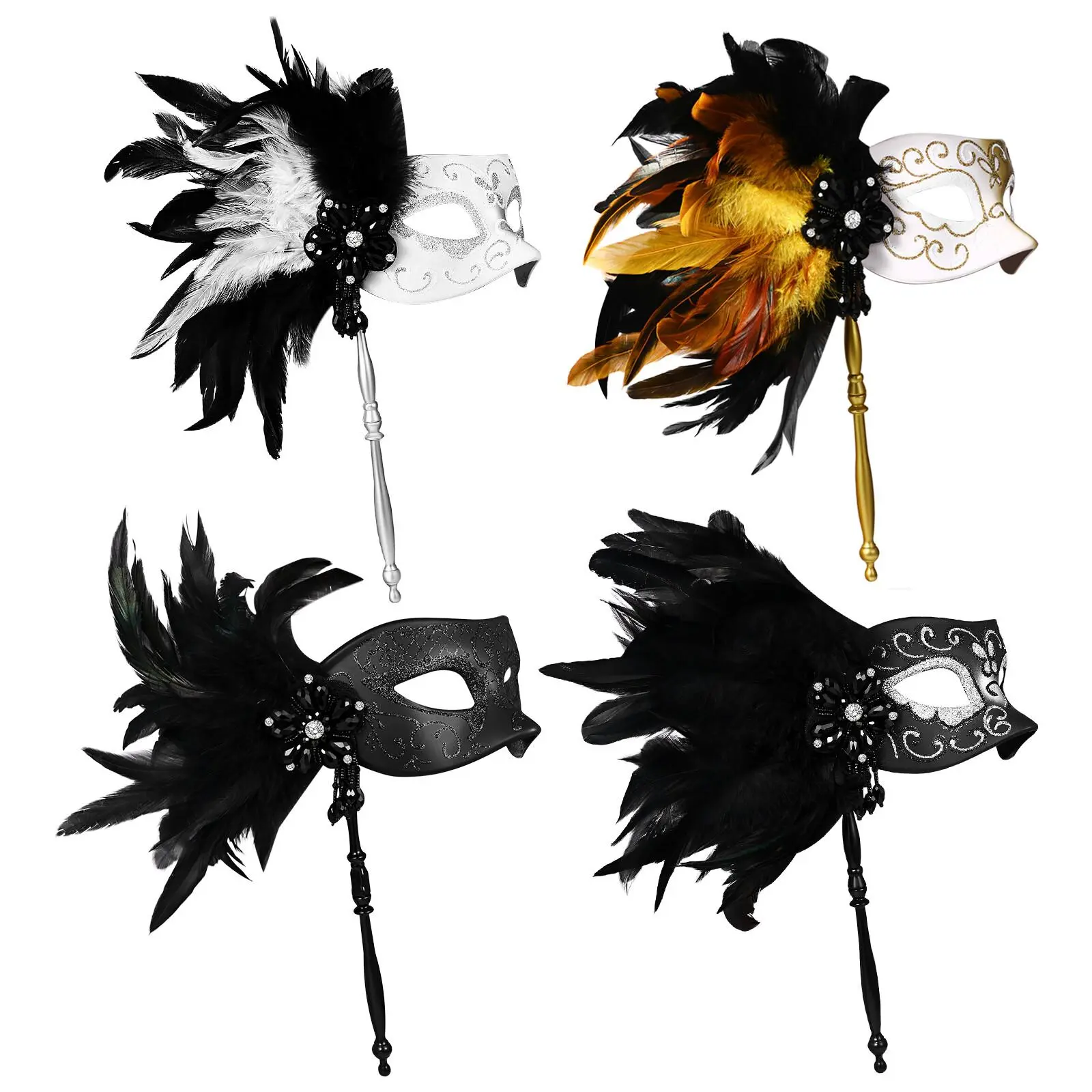 Women's Venetian Feather Masquerade Mask on a Stick, Handheld Crystal Party Accessories with Adjustable Handle for Balls, 7.48" (19cm) Face, 12.2" (31cm) Total, Selectable, Venice Style