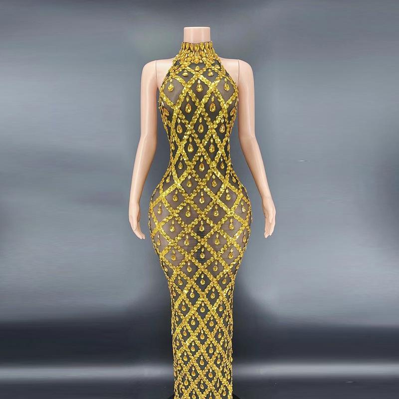 Sexy shiny rhinestone silver dress plus size women's party dress neck fishtail dress formal dresses women wrap dress prom