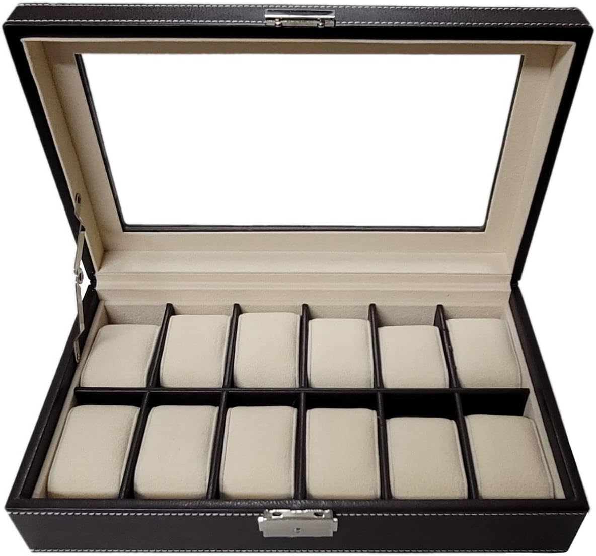 Chocolate Brown Leatherette Men's Watch Box Display Case Collection Jewelry Box Storage Glass Top Father's Day