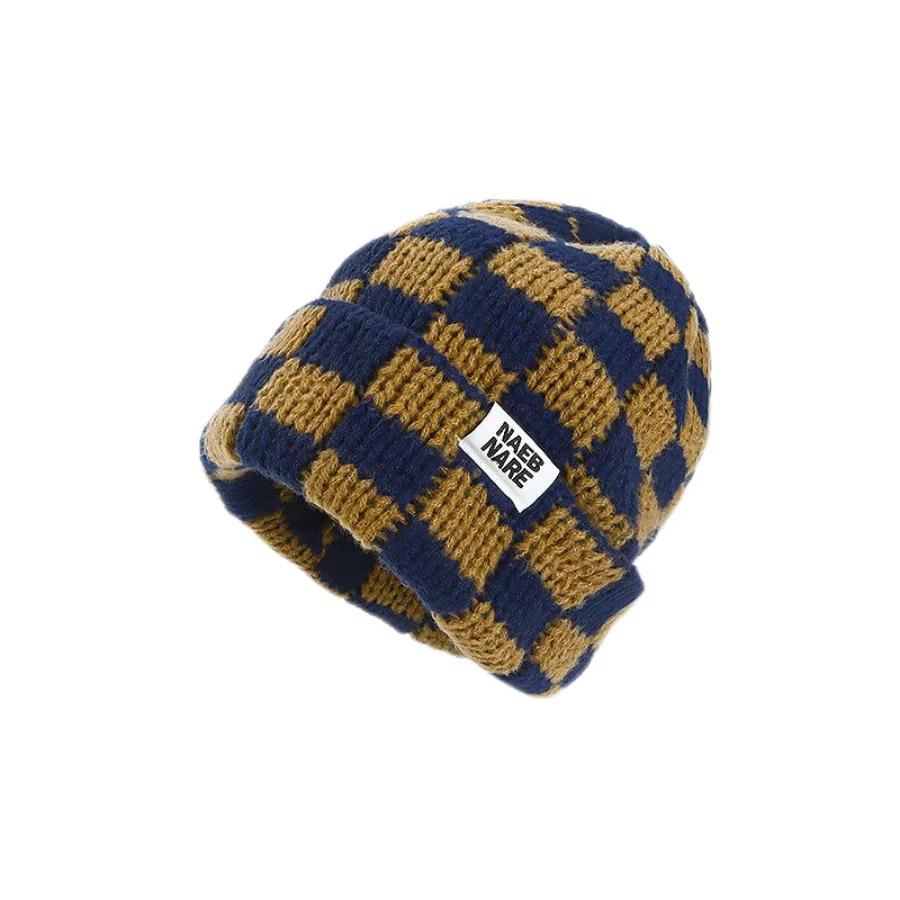 New Japanese Korean Winter Check Plaid Skullies Beanies Knit Hat for Women Ins Luxury Brand Y2k Bonnet Heavy Warm Hat Casual Cap