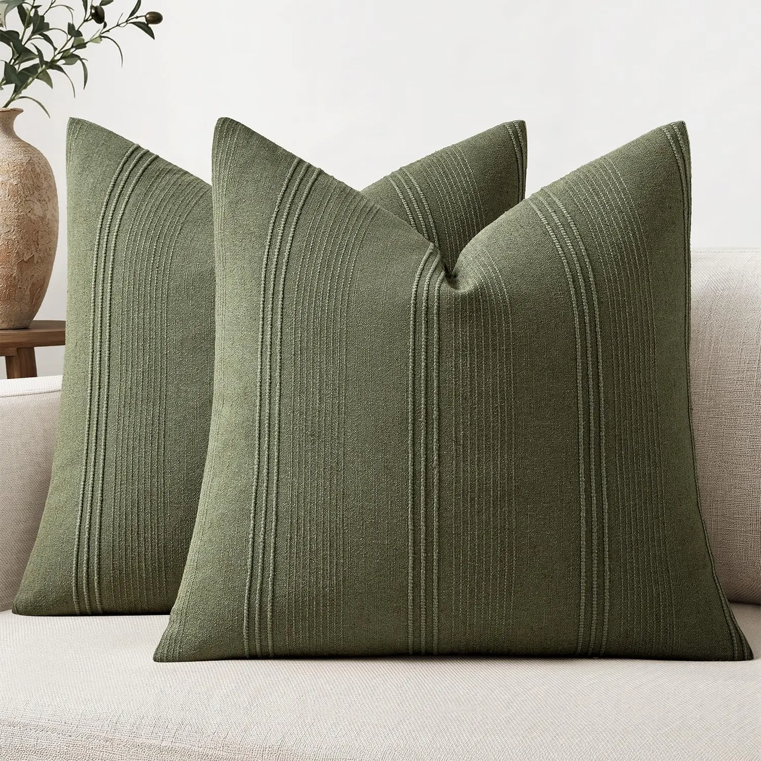 Decorative Striped Throw Pillow Covers 20x20 Inch Olive Green Set of 2, Textured Linen Farmhouse Cushion Covers for Couch Sofa Bed Living Room Home DecorGift