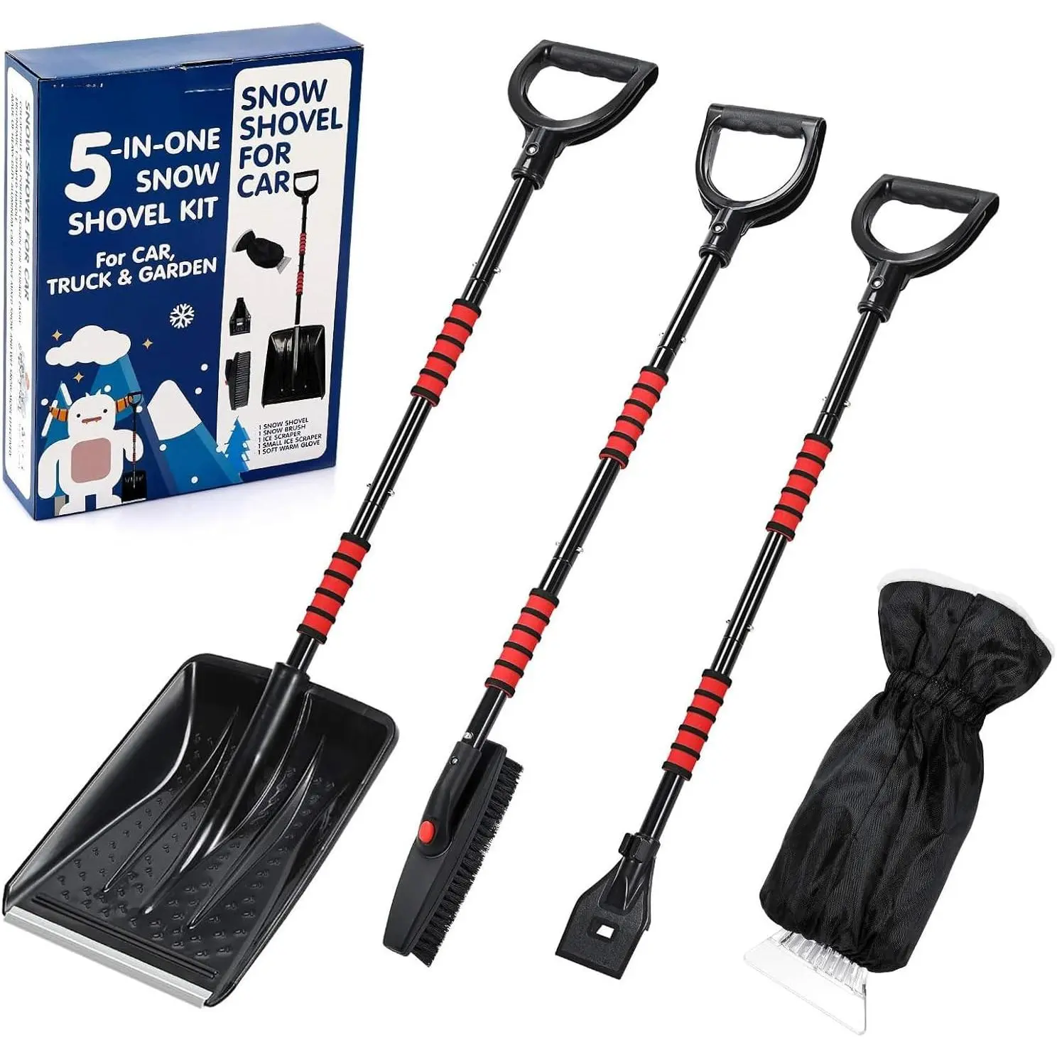 Snow Shovel Kit Removal Tools - 5 in 1 Foldable Car Snow Shovel + Snow Brush + Ice Scraper + Glove + Mini Ice Scraper, Portable Emergency Snow Remover Shovel Set  Car Truck Camping Outdoor