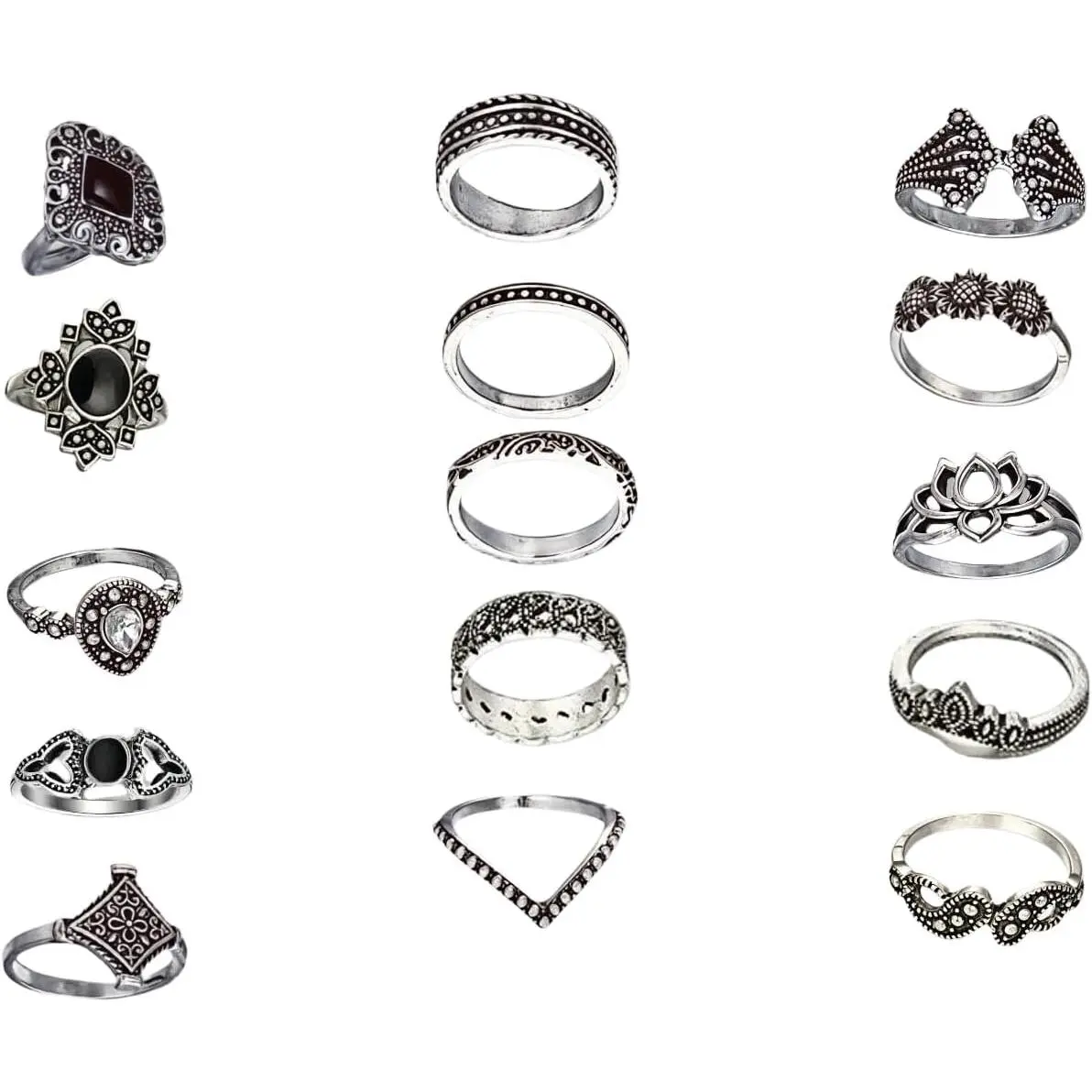 Women's  Knuckle Ring Set, 15 count Stackable Joint, Bohemian Retro Hollow Lotus Carved & Gothic Thick Rings for Halloween Daily Layered