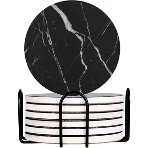 Drink Coasters with Holder Absorbent Ceramic Coasters Set of 6 Black Marble Style, 4 Inches Suitable for Kinds of Cups and Outdoor Picnic