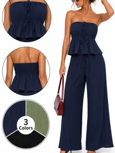 2026 Summer New Casual Vacation Style Two-Piece Set, Solid Color Bustier, Ruffle Backless Top, Wide Leg Pants