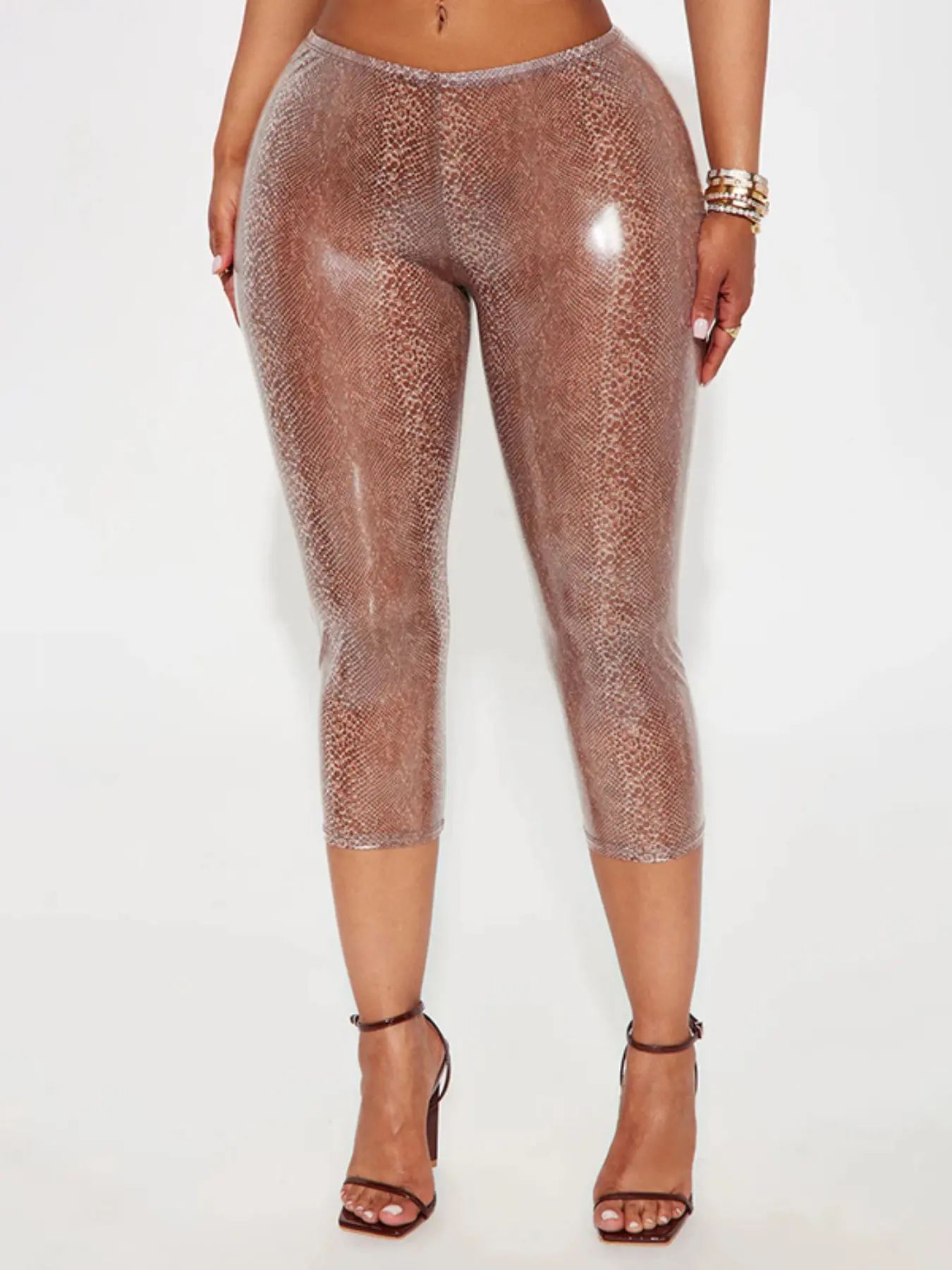 Women's European Style Metallic Snake Print Fitted Shorts, Slimming Sexy Tight Short Pants, Casual Plain Design, Unlined Comfortable Fit, Casual Comfy Shorts