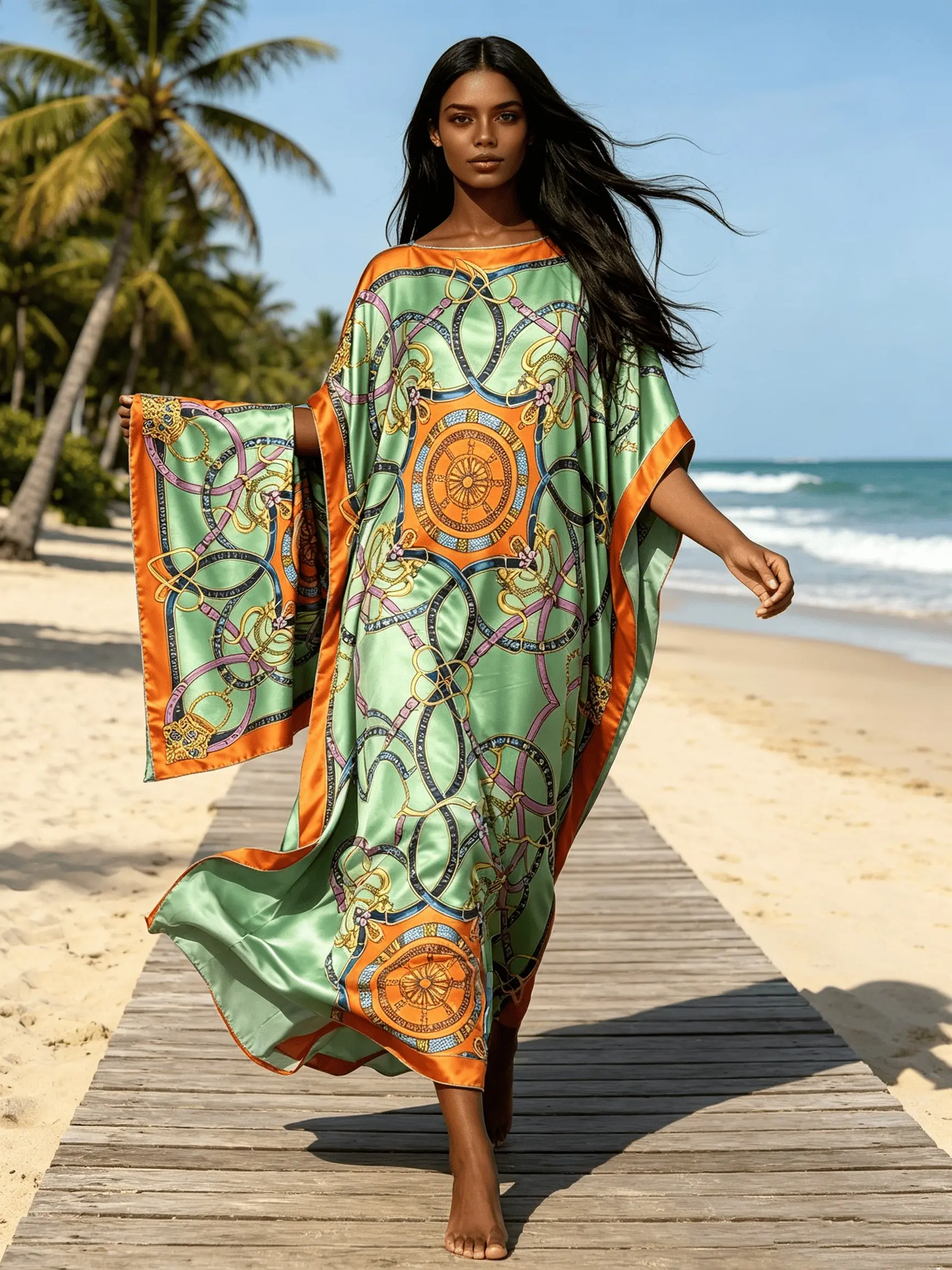 Women Oversized Green Chain Print Silk Caftan Maxi Dress Two Piece Outfit With Scarf, Loose Flowy Kaftan Robe, Curvy Friendly Plus Size Beach Cover Up, Luxury Satin Resort Wear, Bohemian Lounge Night Gown, Summer Vacation Pool Robe, Matching Headscarf Kaf