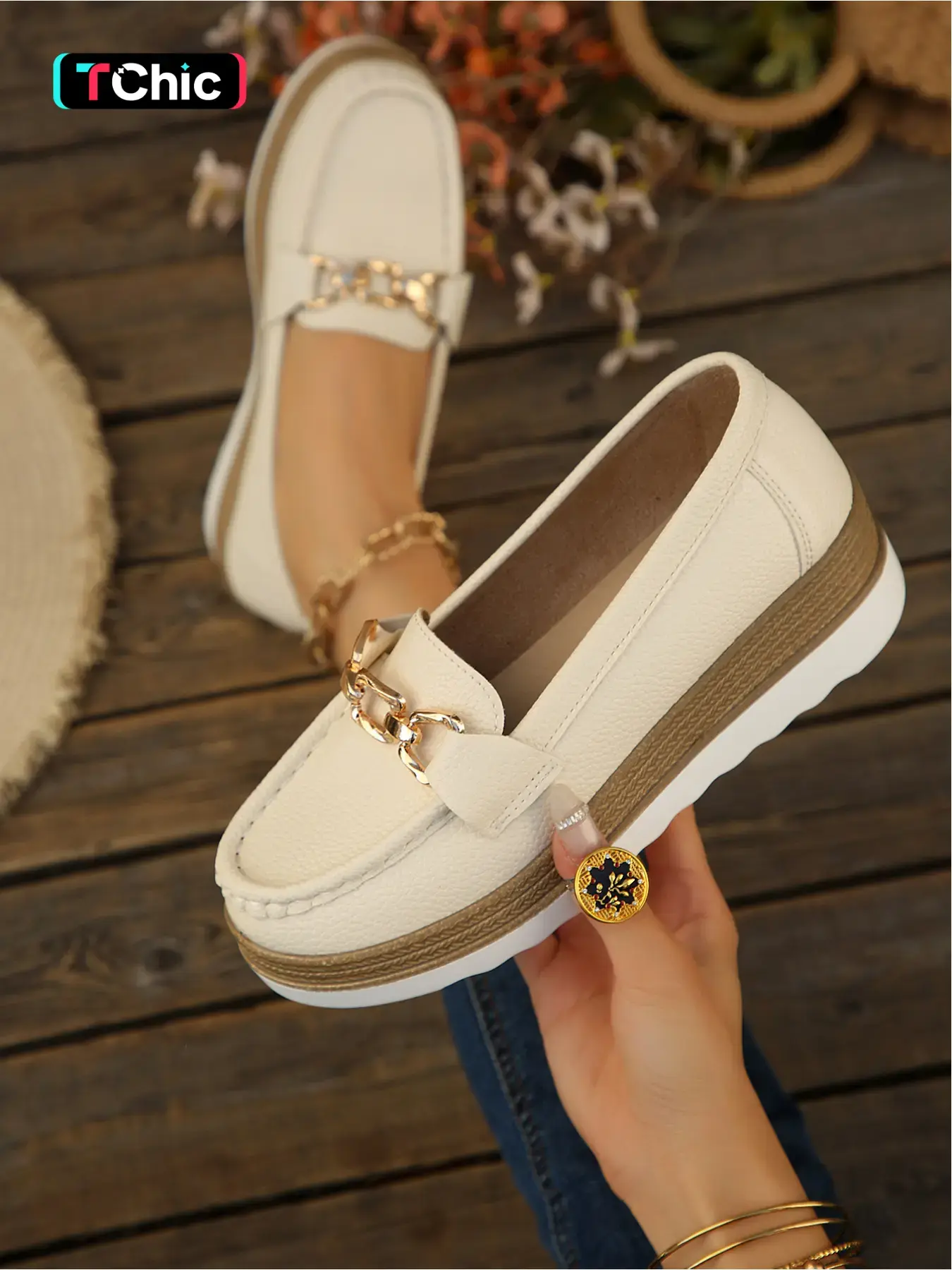 Women's new fashion all-season wedge heel flatform slip-on rubber soled shoes with metal buckle, simple and comfortable for daily wear, Lightweight Slip Ons and versatile for commuting, with a thick sole
