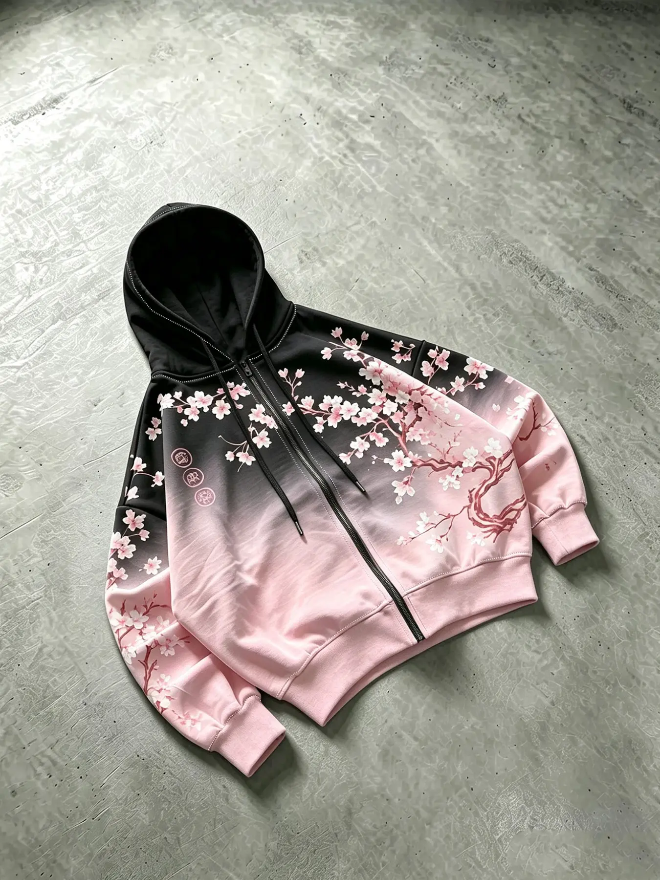 Women's Japanese Cherry Blossom Gradient Hooded Zipper Jacket, Casual Loose-Fit Fall&winter Outerwear, Retro Anime Style Clothing