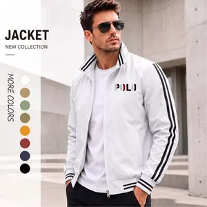 Men’s Athletic Minimal Bomber Jacket – Lightweight Zip-Up Streetwear Jacket with Clean Chest Logo Print, Ribbed Hem & Stripe Sleeve Urban Style