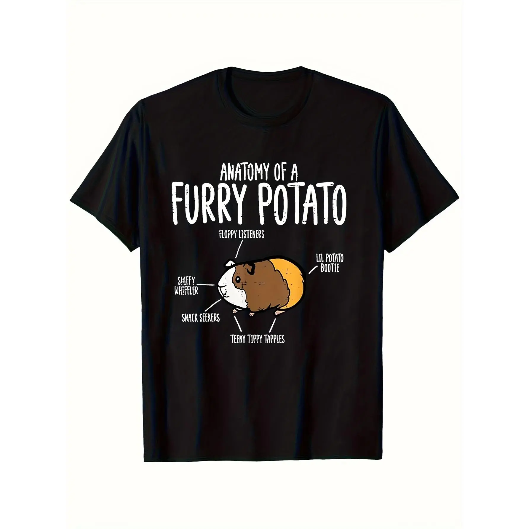 Men's Funny Guinea Pig Anatomy Knitted T-Shirt - Menswear Tops, Short-Sleeve, Regular Fit, "Furry Potato" Labeled Body Parts Design, Casual Round Neck, Medium Stretch, Machine Washable Black, Pet Lover Gift, Shortsleeve, Polyester Blend, Casual Wear, Posi