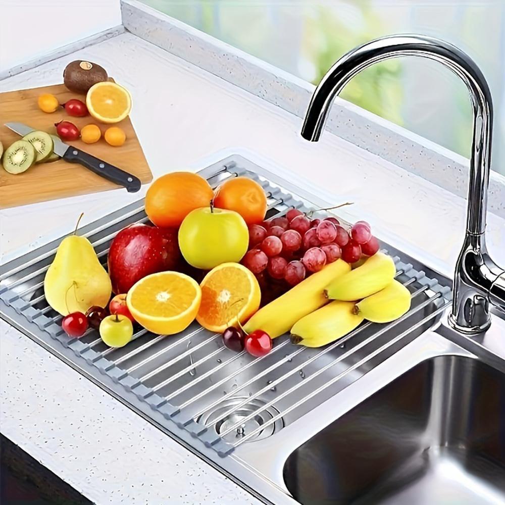 Stainless Steel Silicone Roll Up Over The Sink Dish Drying Rack, 1 Count Multifunctional & Portable Kitchen Drainer Rack, Dish Drying Organiser, Kitchen Accessories