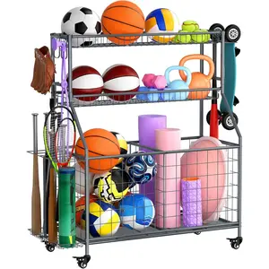 Equipment Garage Organizer - Garage Ball Storage Rack with Basket, Hooks and Rolling Cart for  Gear and  Storage, Grey