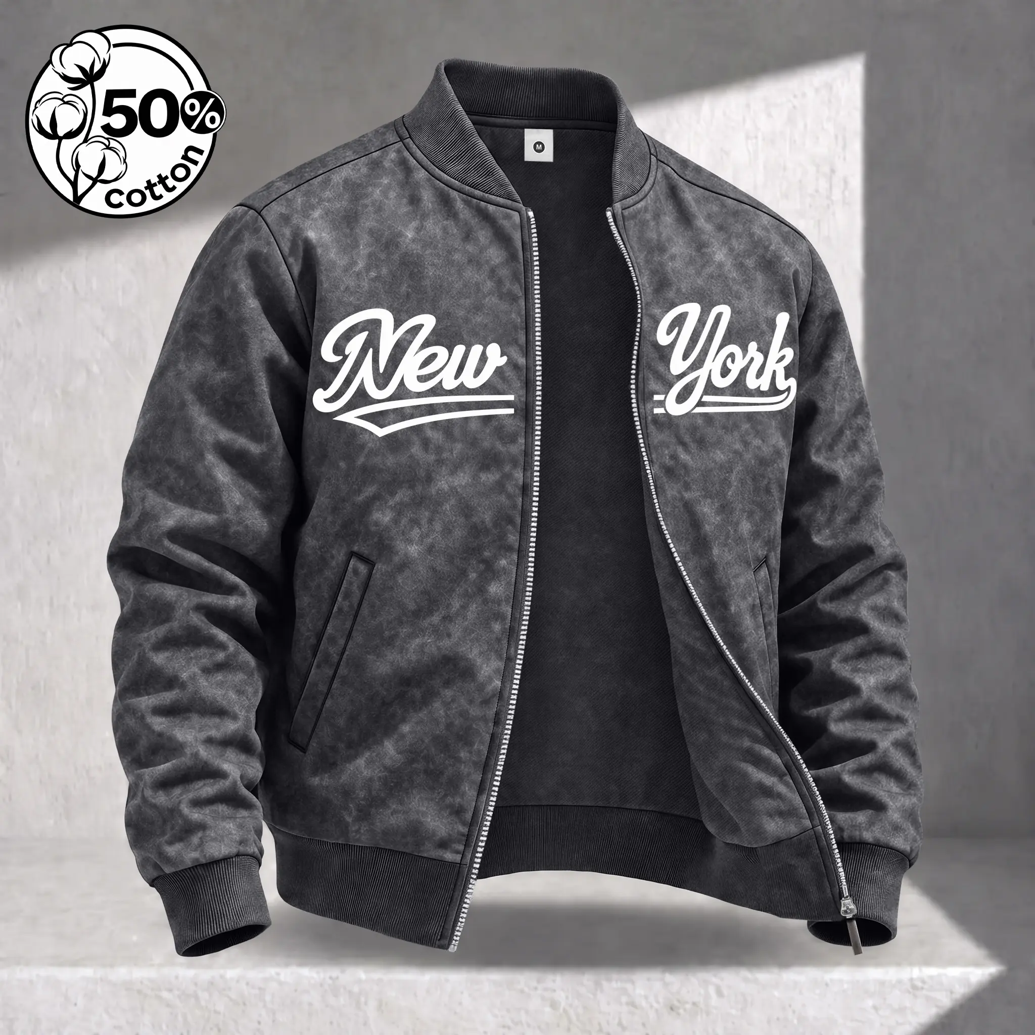 Men's Acid Wash Cotton Blend Full Zip Jacket, New York Script Print on Front and Brooklyn 85 Football Graphic on Back, Ribbed Collar Cuffs and Hem, Side Pockets, Casual Streetwear Outerwear for Daily Wear, Travel, Walking, Weekend, Spring and Fall