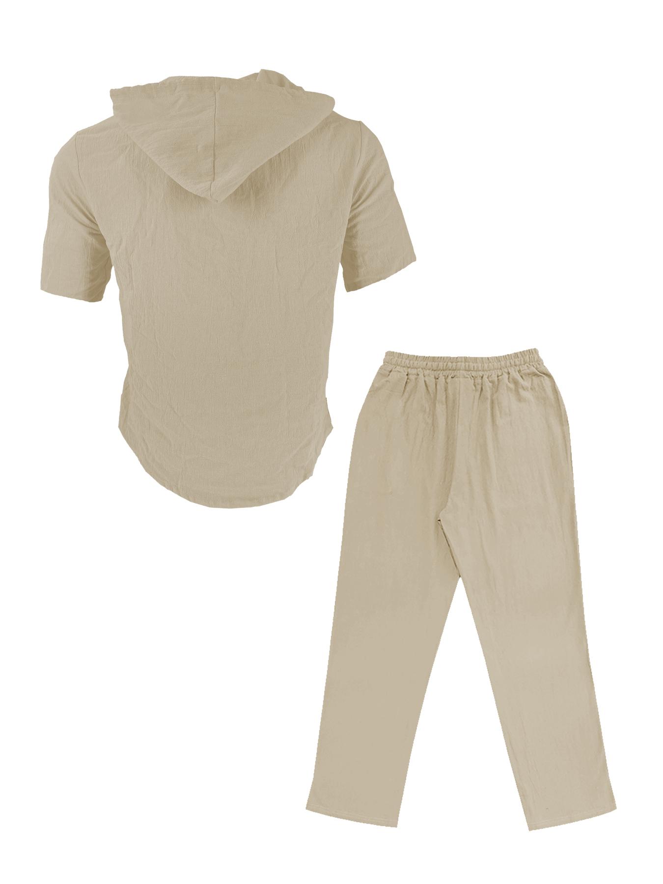 Two-Piece Set Men's Solid Linen Set, Casual Breathable Quick-drying Top & Drawstring Wide-leg Pants Set for Beach Holiday, Men's Clothing for Summer, Menswear