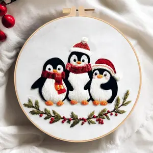 Christmas Penguin Embroidery Needle Crafts Kit, DIY Kits with English Instructions, Holiday Decor Handmade Needlework Craft Set for Home Decor Projects