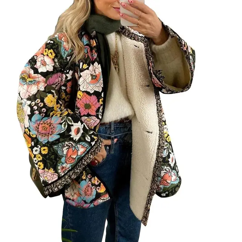 Women Winter Loose Quilted Jacket, Floral Print Button Down Long Sleeve Padded Coat, Warm Outwear, Casual Coat 2024, Ladies Coat for Indoor Outdoor Wear, Ladies Clothes for Daily Wear