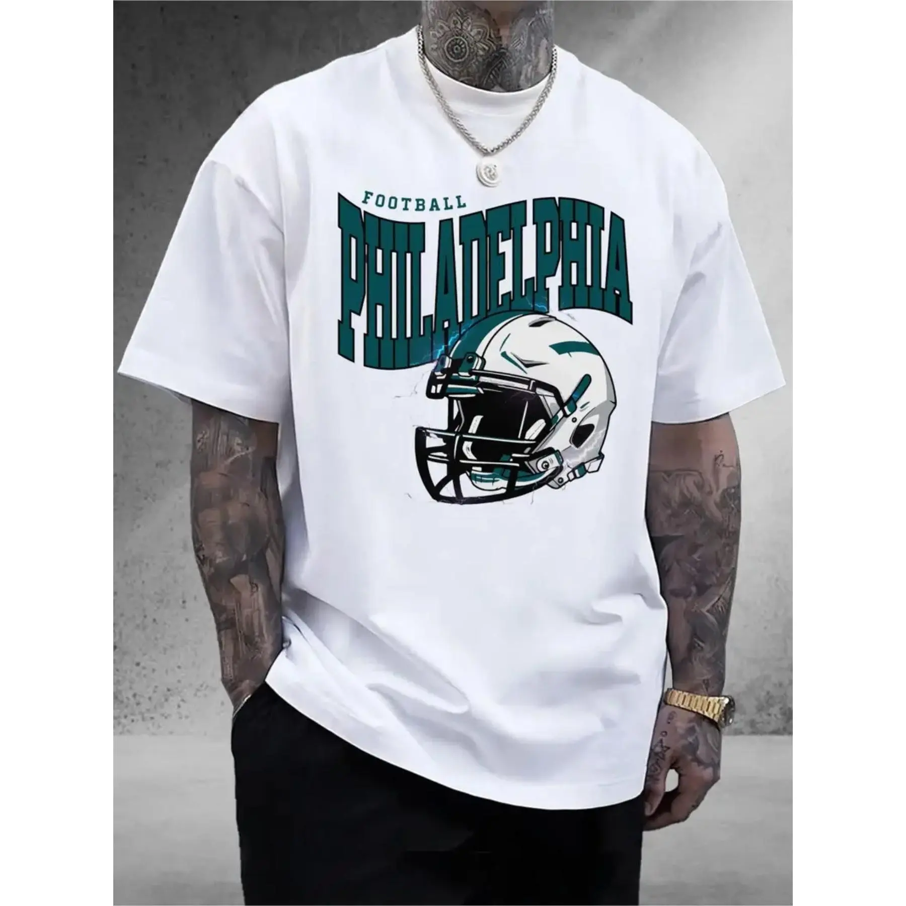 MEN'S Philadelphia Football Graphic T-Shirt-Stylish Big & Tall Casual Tee Featuring Bold 'FOOTBALL' and 'PHILADELPHIA' Design with Detailed Football Helmet Illustration-Comfortable Cotton Blend for Everyday Wear