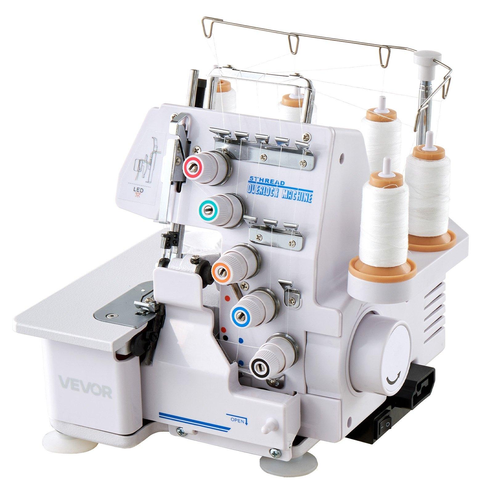 VEVOR Serger Overlock Sewing Machine, 1250 Stitches Per Minute, 2-3-5 Thread Capability, with LED Light and Strong Suction Feet, Heavy-Duty Metal Frame Sewing Machine for Various Fabrics, White
