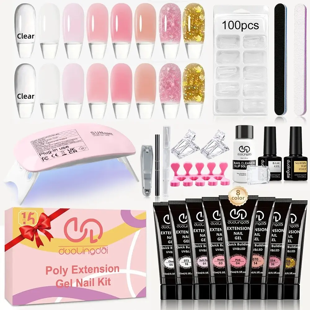 Long-lasting Poly Nail Gel Kit 8 Colors Pink Clear Glitter with UV Lamp, 1 Set Gel Extension Nail Extensions Kit with Slip Solution, Base Coat Top Coat, Nail Growth Oil, Polygel Nail Kit Nail Art Kits
