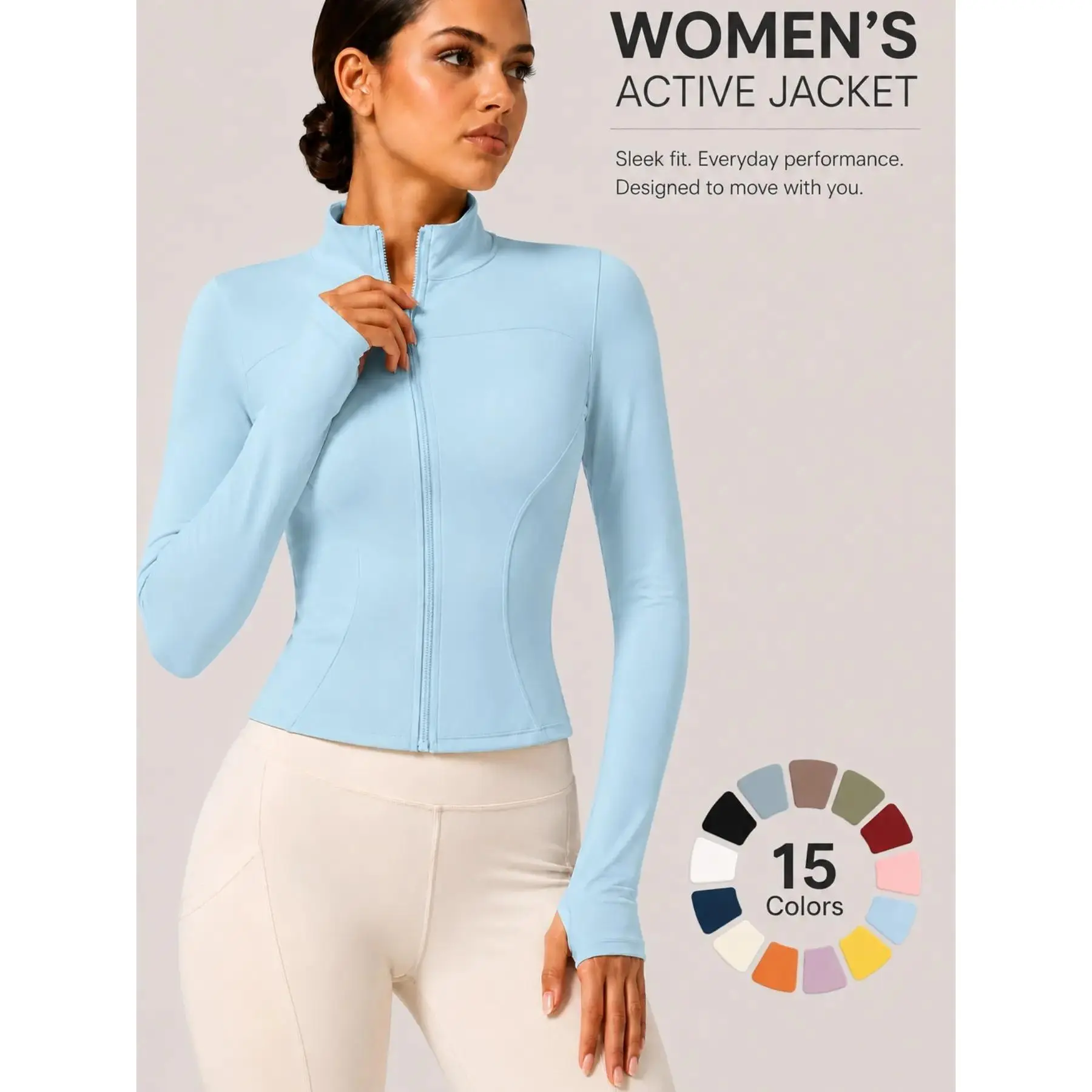 Women's Full Zip Sports Jacket, Slim Fit Long Sleeve Yoga Top, Thumb Hole Design, Lightweight Quick-Dry for Running, Fitness and Casual Wear, Thumbhole Jacket, Workout Jacket, Activewear
