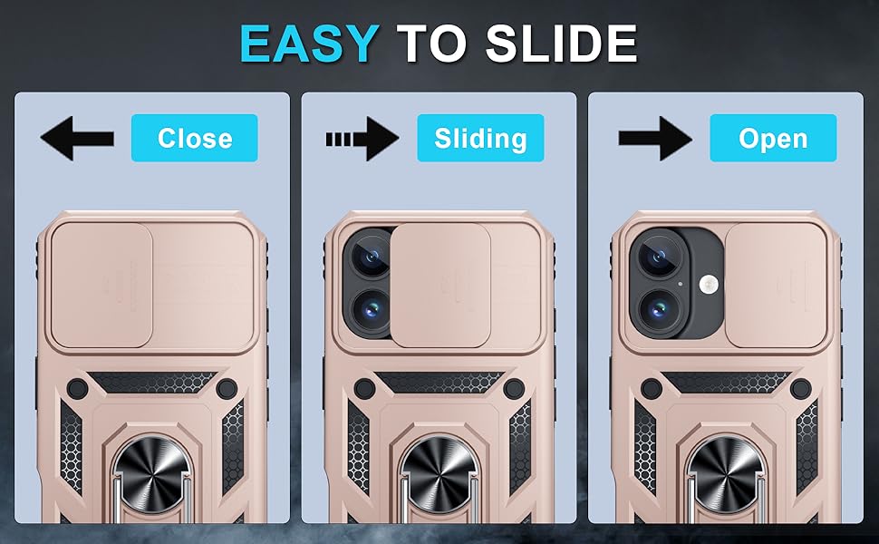 Janmitta Case for iPhone 16 Phone Cover Built in Slide Camera Lens Cover+Screen Protector,Heavy Duty Shockproof Full Body PhoneCase with Finger Ring Holder Kickstand,Rose Gold