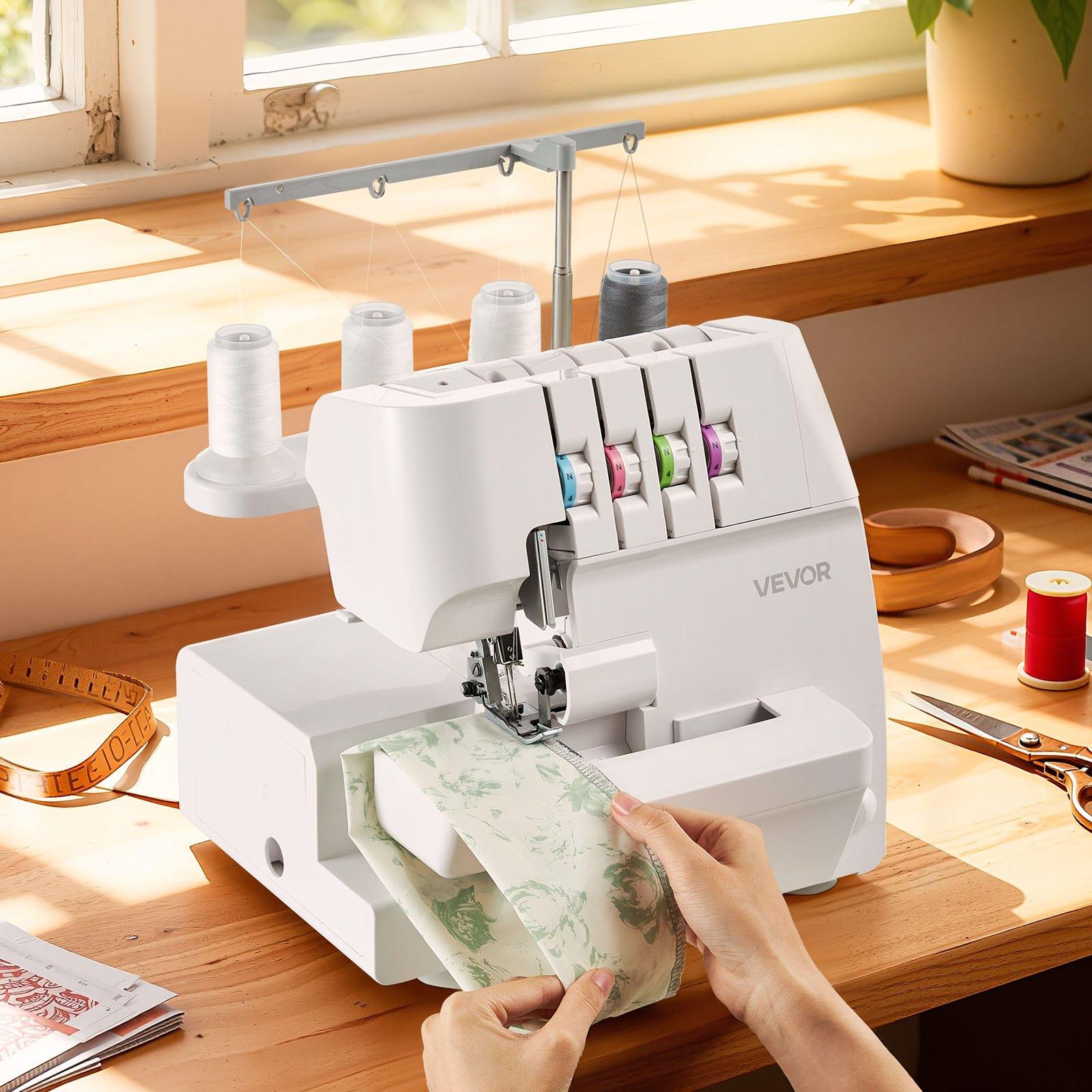 VEVOR Serger Overlock Sewing Machine, 1250 Stitches Per Minute, 2-3-4 Thread Capability, 0.7-2 Adjustable Differential Feed, with Free Arm and LED Light, Sewing Machine for Various Fabrics, White