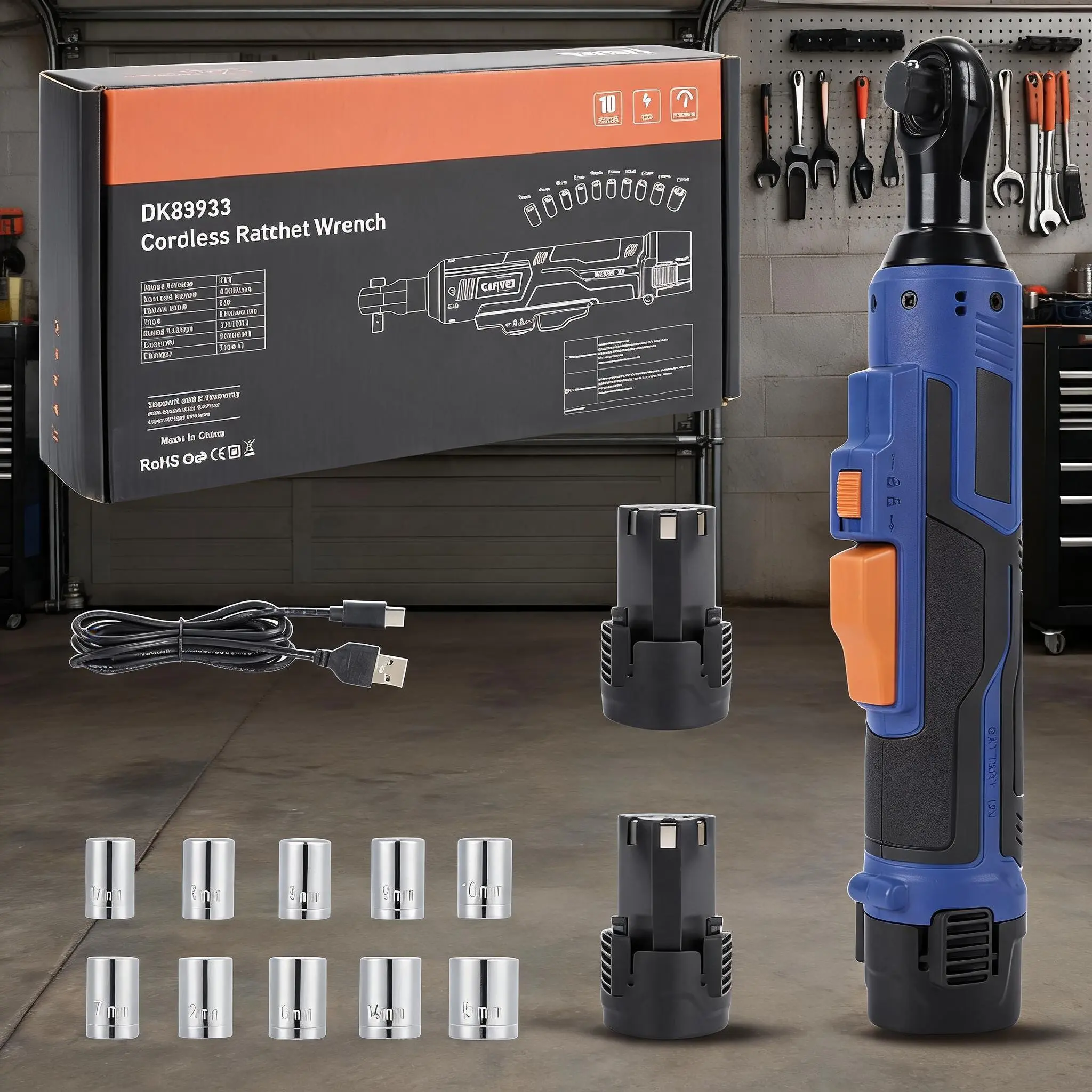 12V Cordless 3/8" Electric Ratchet Wrench Set, 40 FT-LBS High Torque, Dual 2.0Ah Batteries, Slim Head for Tight Spaces, 10 Sockets & LED