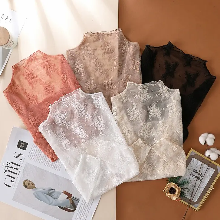 5PCS/3PCS Women's Plain Korean Contrast Lace Top Set - Semi-Transparent, High-Elastic Soft Fabric, Snug Non-Tight Fit, Hazy Graceful Figure Enhancement, Machine Washable, Do Not Dry Clean, Women's Clothes, Tops For Women