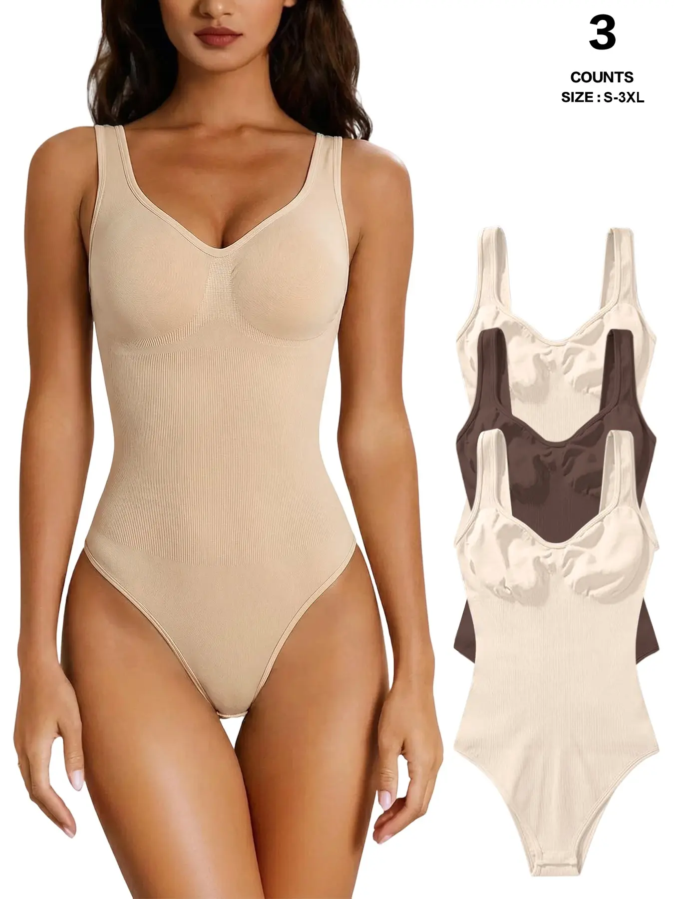 Wide Strap V Neck Ribbed Shaping Bodysuit, Tummy Control Shapewear, Casual Romper, All Seasons, Regular Length, Organic Textile
