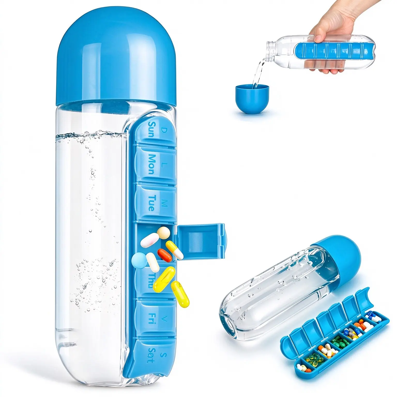 2 in 1 Pill Organizer Water Bottle, 7 Day Weekly Medicine Case with 7 Compartments, Sports Water Bottle, Portable Leakproof Beverage Drinking Bottle with Integrated Pill Storage, Food Grade Travel Pill Holder for Vitamins, Supplements & Daily Medication