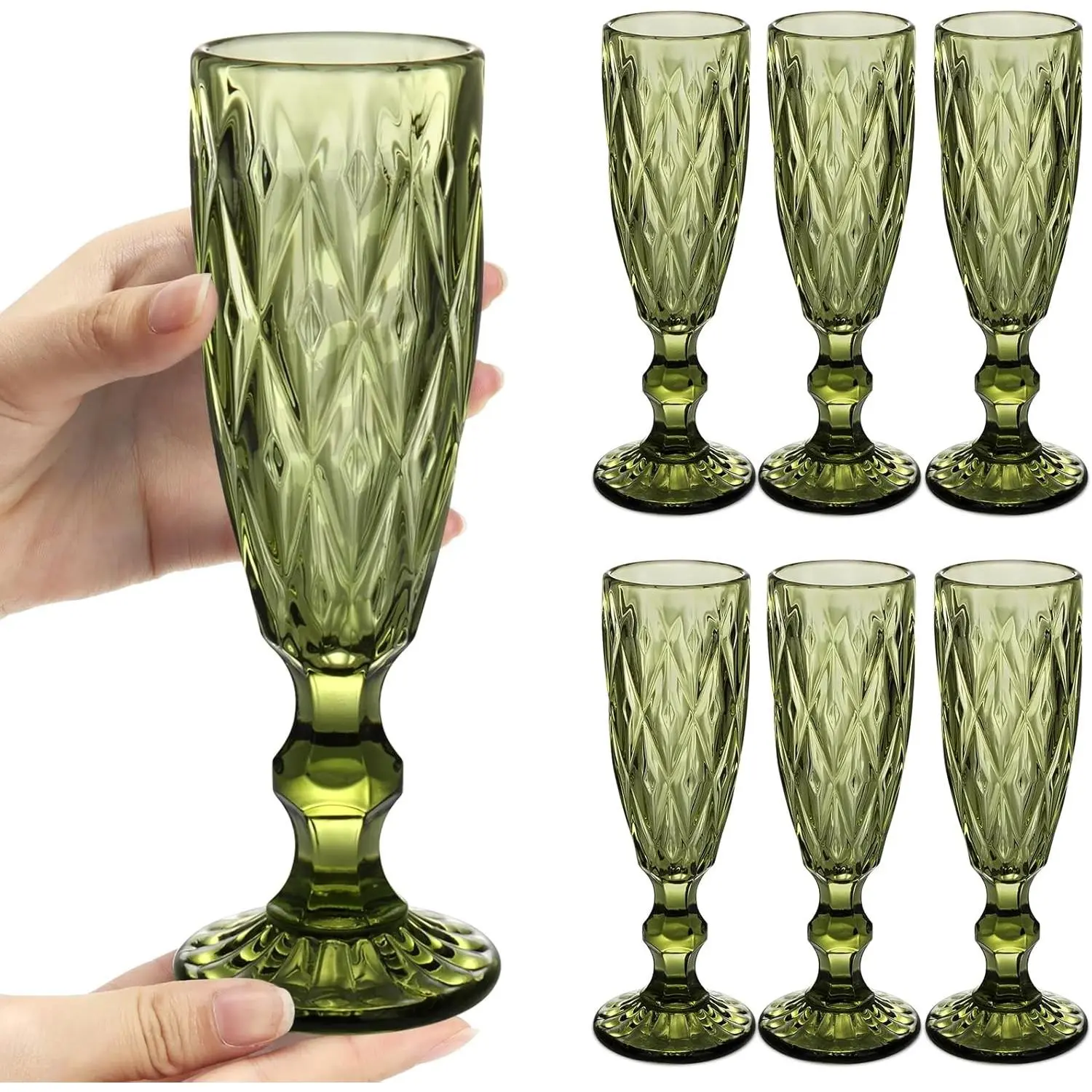 Vintage Glass Champagne Flutes Set of 6, 5 Ounces Embossed Wine Glasses Green Sparkling Wine Water Goblets for Christmas, New Year, Party, Anniversaries, Bar, Champagne, Cava, Prosecco