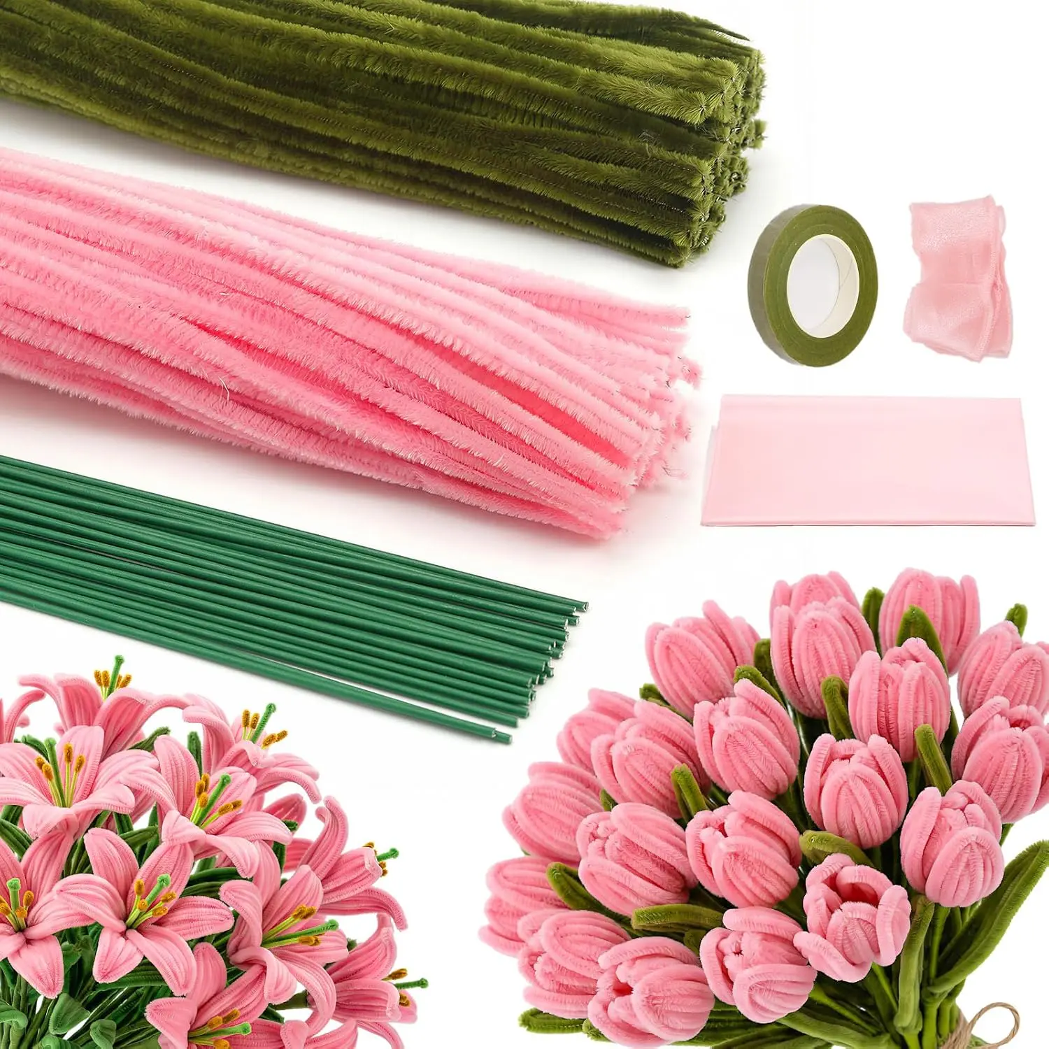 Pipe Cleaner Flower Kit, Including  and Green Chenille Stems, Floral Stem, Gardening Tape, Ribbon for Making Flower Bouquet