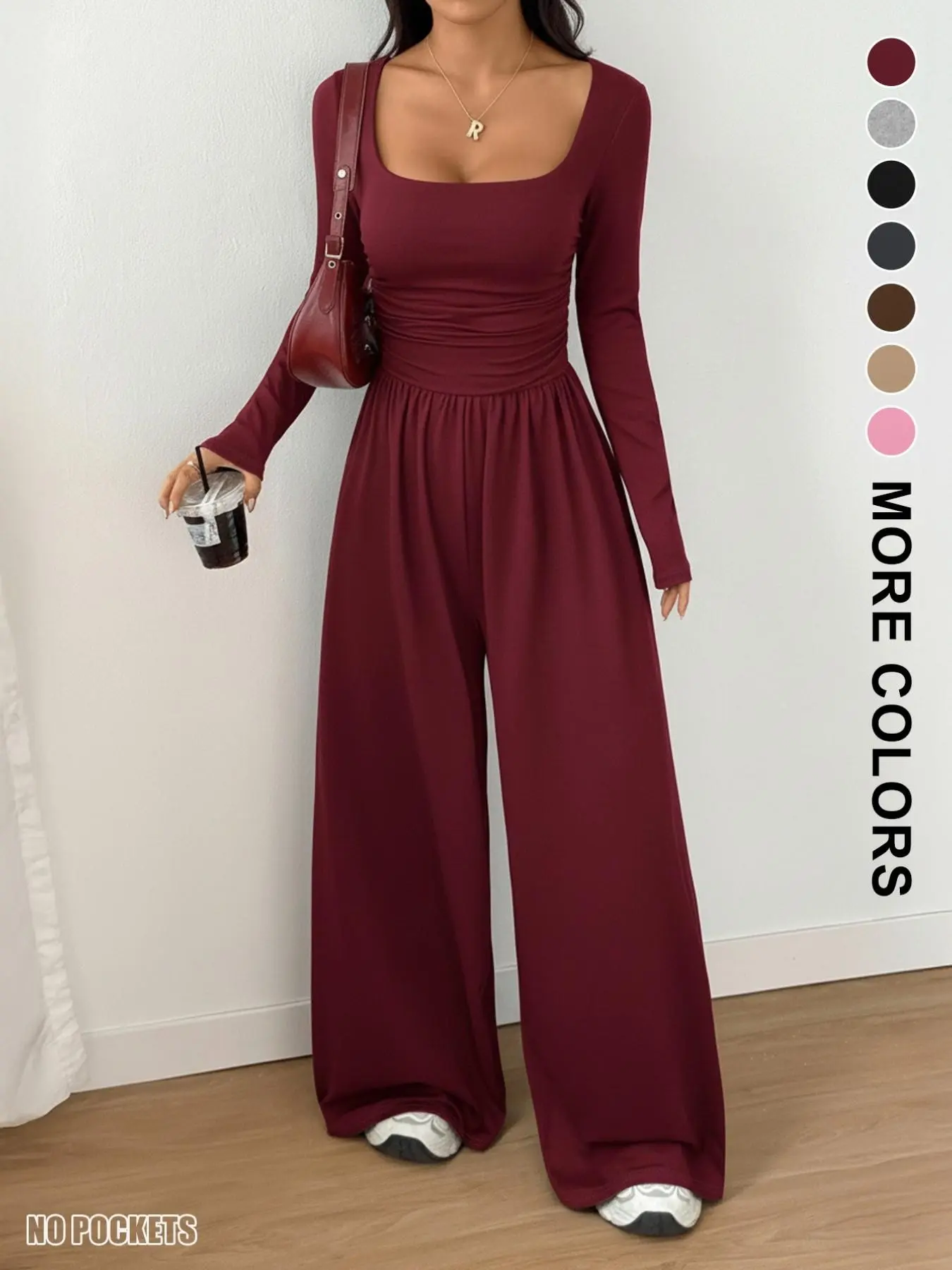 Women's Fall Winter Knit Wide Leg Jumpsuit, Casual Fashion Plain Color Round Neck One-Piece, Versatile Long Sleeve Romper