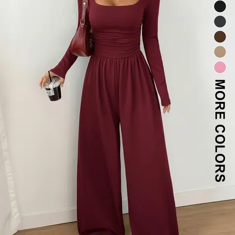 Women's Fall Winter Knit Wide Leg Jumpsuit, Casual Fashion Minimalist Plain Color Round Neck One-Piece, Versatile Long Sleeve Romper