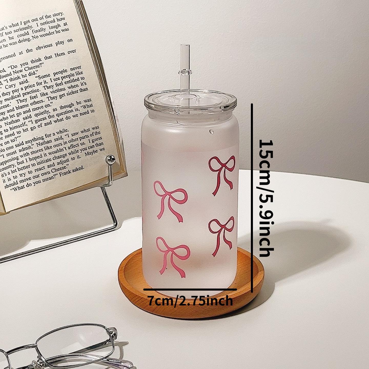 1PC Bow Printed Water Cup with Lid and Straw, 16oz Jar Water Cup, Iced Coffee Cup for Tea, Juice, Milk, Birthday Gift for Office, Restaurant, Classroom, Picnic, Party, Valentine's Day and New Year, Drinkware