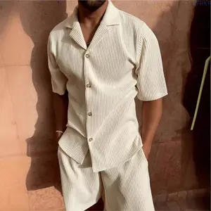 2026 New Men's 2 Piece Outfits, Corduroy Lapel Shorts Set & Solid Color T-Shirt Shorts Set, Casual Daily Wear & Running Training Athletic Suit for Men