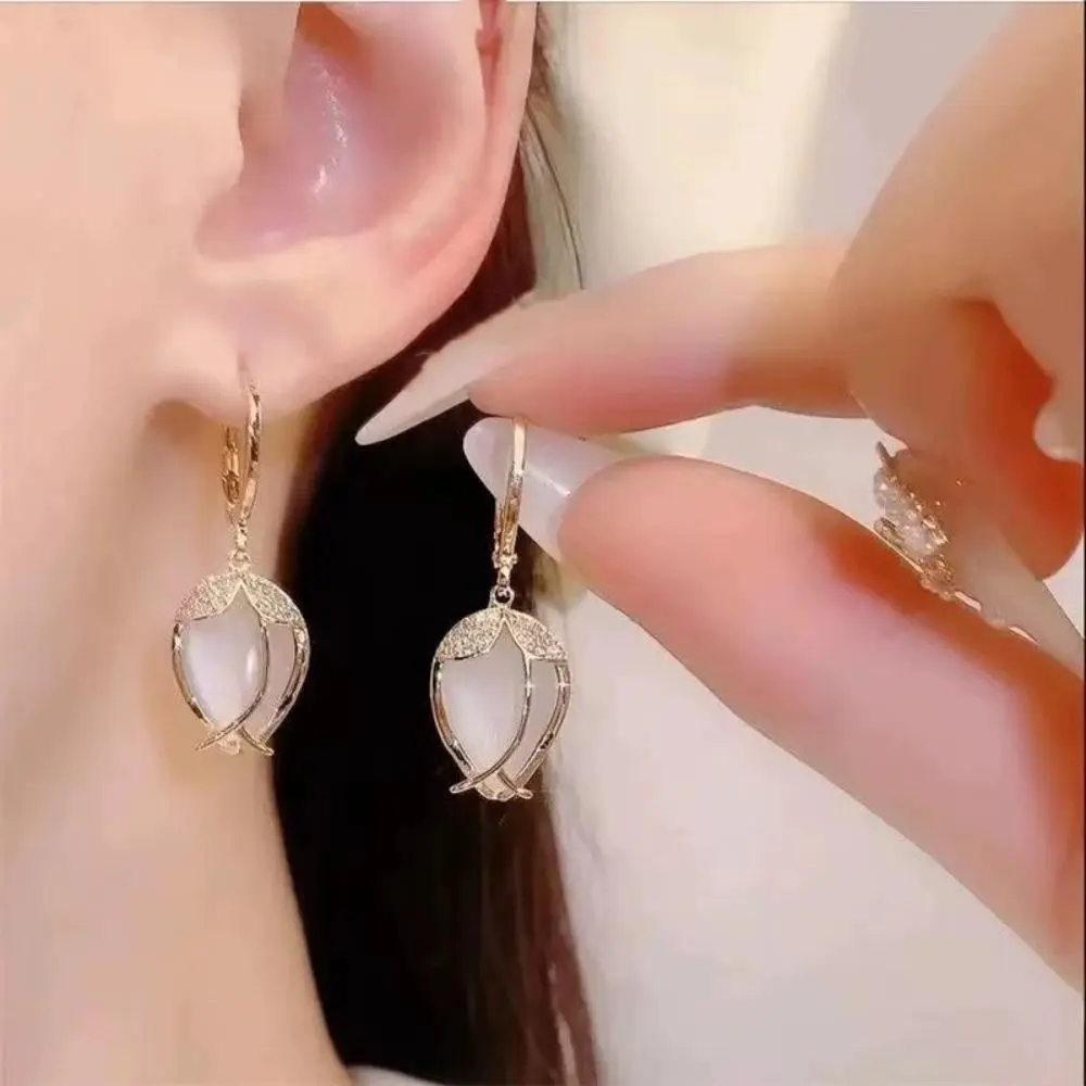 Women's Tulip Floral Dangle Earrings with Cat Eye Stone & Crystal Pave, Elegant Lightweight Fashion Jewelry for Daily & Parties, Floral Shape, Secure Setting, Women's Fashion, Daily/Party